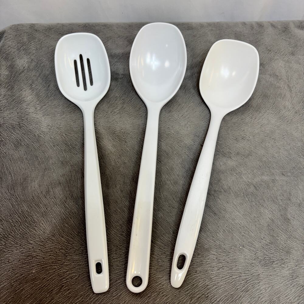 White Solid Melamine Kitchen Utensils Lot of 3 Spoons Mixed Lot 3 Sizes Vintage